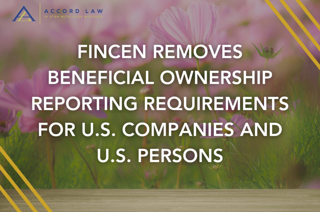 website titled Alert page for Accord Law PLLCFINCEN REMOVES BENEFICIAL OWNERSHIP REPORTING REQUIREMENTS FOR U.S. COMPANIES AND U.S. PERSONS in a pink flowers in spring background